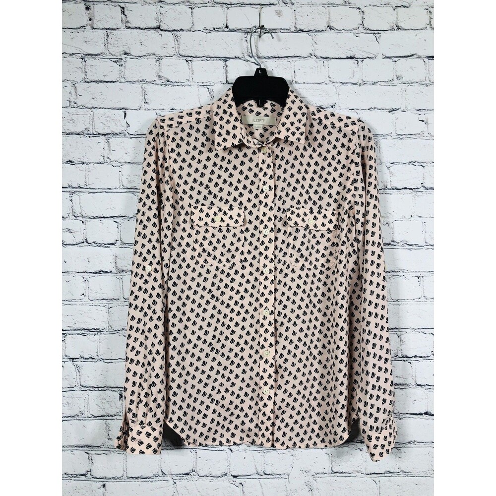 Loft Women's Blouse Geometric Print Button Down Chest Pockets Pink Black Size XS